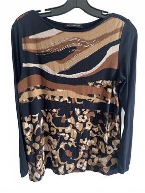 Betty Barclay Navy Long Sleeve Animal Print Top with Metallic Detail - M